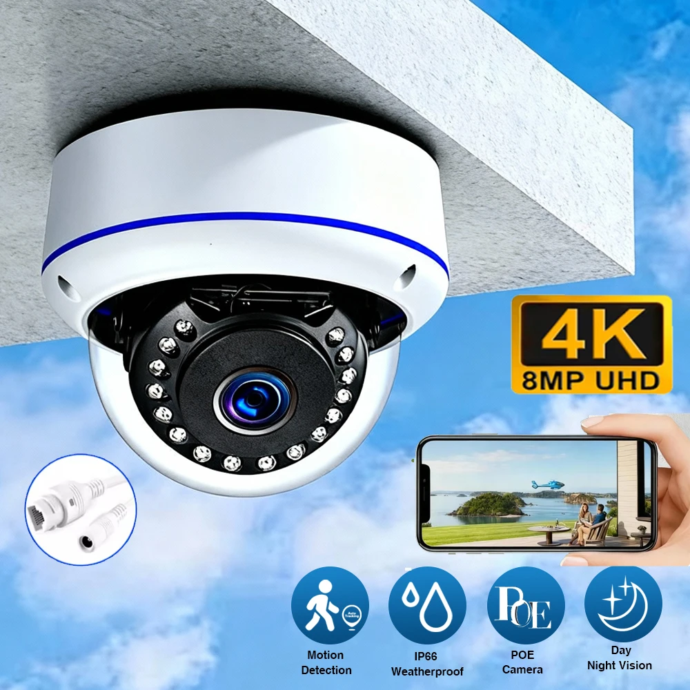 

Вандалостойкая купольная IP-камера 8 МП 4K с внутренней аудиосвязью, ИК-подсветкой, ночным видением, H.265, водонепроницаемая, для наружного использования, система видеонаблюдения