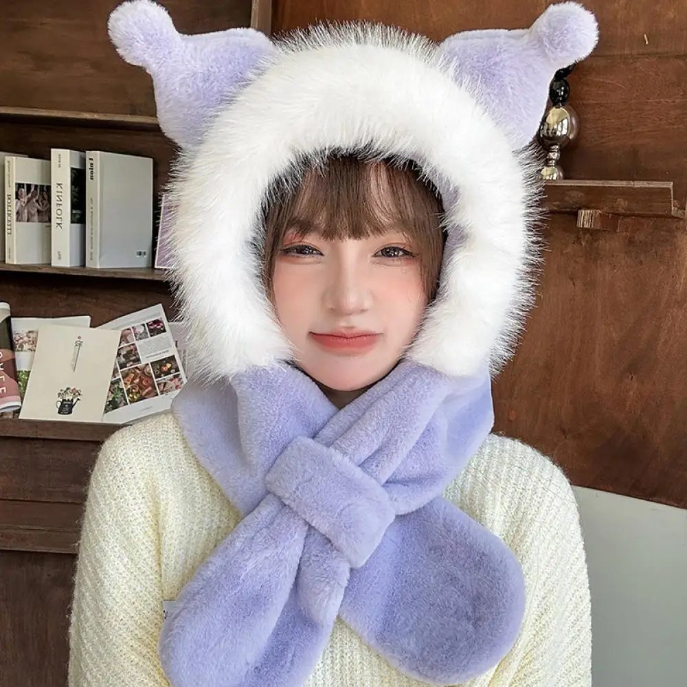 Cartoon Sanrioed Kuromi Plush Hat Scarf Gloves Anime Kawaii Winter Thicken Keep Warm Soft Cute Sweet Girl Student Festival Gift