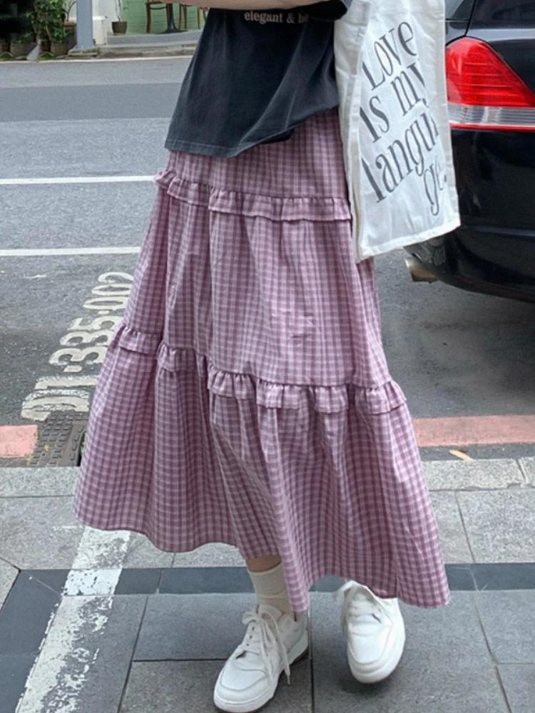 Qiukichonson Midi Long Skirts Womens Plaid Skirt 2023 Korean Style Casual Summer High Waisted High Low Ruched Ruffle Skirts rok