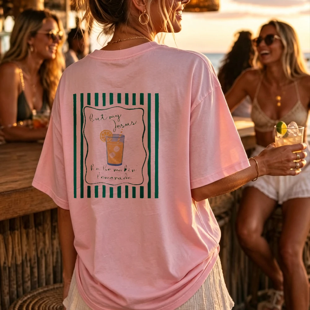 Jesus Lemon Iced Tea Striped Boxy Women Tee, Faith Summer Picnic Outfit, Breathable Cotton Top, Unique Religious Holiday Gift