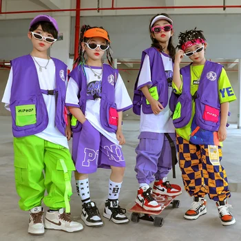 Teenager Kinder Hip Hop Tanz Kleidung Junge Street Dance Performance Outfit Lose Lila Weste Bunte Hosen Mädchen Jazz Dance Kostüm