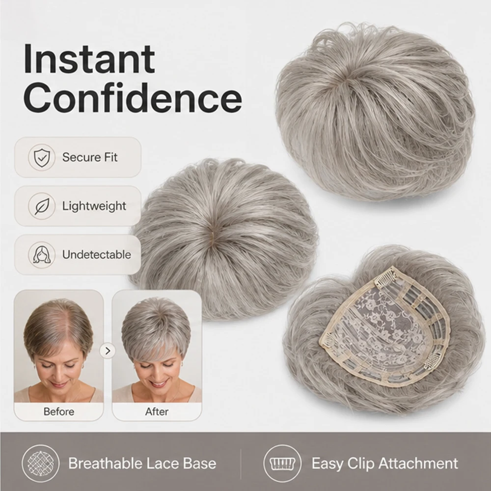 Silver Grey Layered Short Pixie Synthetic Wig Breathable Lace Cap Natural Fluffy Grey Wig for Mature Elderly Women
