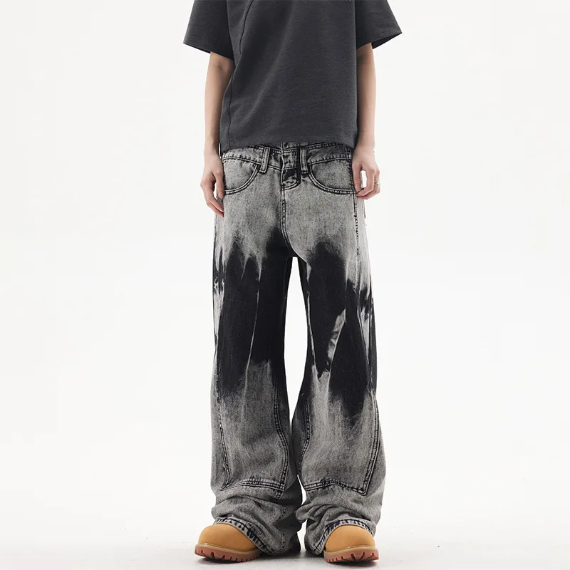 

Retro Washed Tie Dye Men's Loose Straight Leg Jeans American Hiphop Casual Wide Leg Floor Length Pants