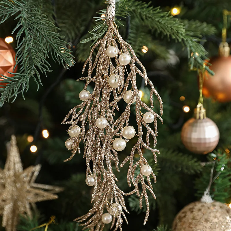

Christmas Glitter Branches Pendant Champagne-colored Sticky Powder Pearl Leaves for Navida Tree DIY Home Decor 2026New Year Gift