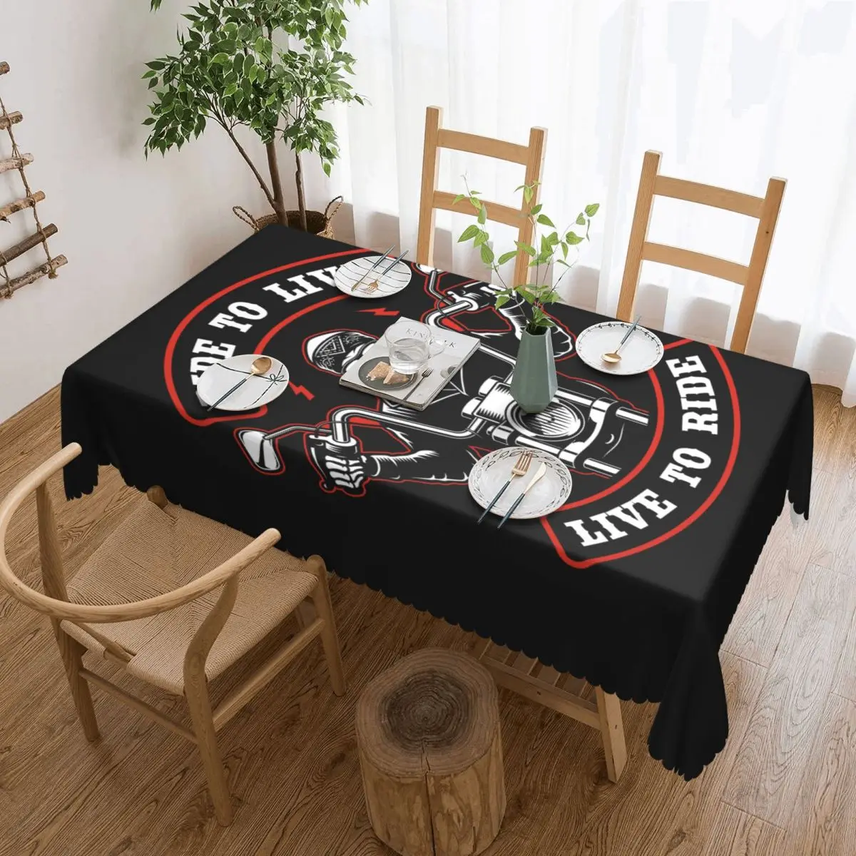 Custom Rectangular Waterproof Rockabilly Ride To Live Table Cover Rock Biker Skull Table Cloth Tablecloth for Dining