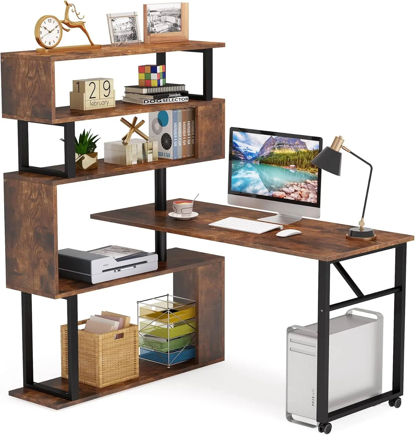 Rotating Computer Desk with 5 Shelves Bookshelf, Modern L-Shaped Corner Desk with Storage, Reversible Study Table