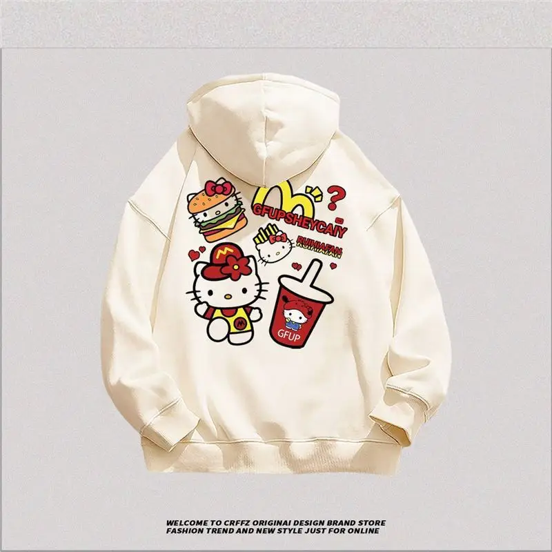 Sanrio Cartoon Hamburger Hello Kitty Hoodies Sweatshirts Anime Kawaii Men Women Autumn Winter Loose Casual Tops Gift