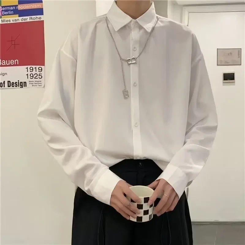 Autumn White Shirts for Men Simple Students Loose All-match Basic BF Fashion Unisex Streetwear Outwears Minimalist Gentle Chic