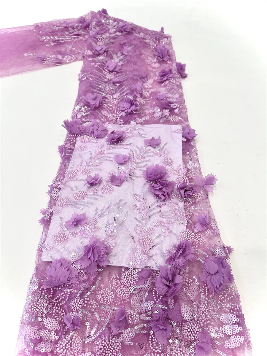 

2024 Latest African 3D Flower Lace Fabric Dubai Sequins Beads Tulle Lace Fabric Embroidered Applique Nigerian Fabric For Sewing