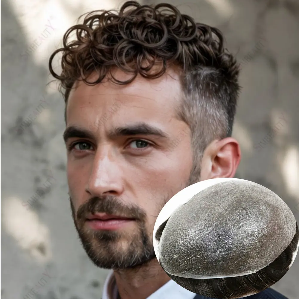 28 مللي متر مجعد الرجال الشعرية prothesis0.02 مللي متر رقيقة جدا الجلد Vlooped الشعر المستعار الرجال الشعر البشري غير مرئية شعري الذكور استبدال الشعر #2