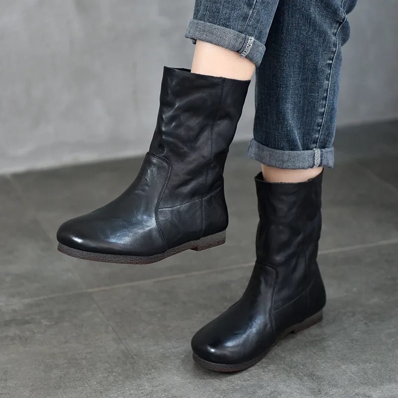 

Large Size Women's Boots Warm Cowhide Boots Top Layer Cowhide Flat Bottom Boots,casual Versatile Black Short Boots