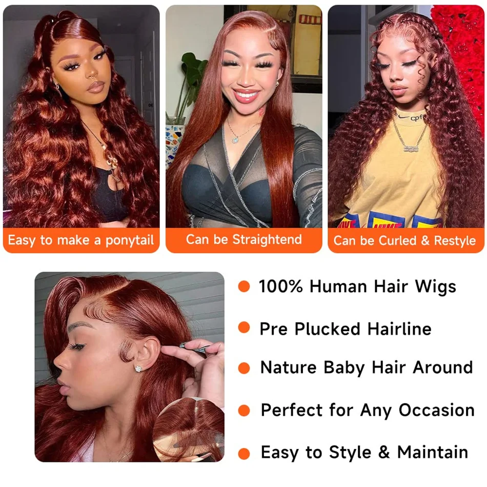 GURENYUN-Perruque Lace Front Wig naturelle, cheveux humains, brun roux, 13x4, couleur auburn, Body Wave, pre-plucked, 26 pouces