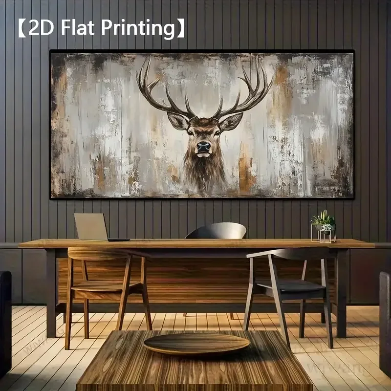 [2D Flat] Large Modern Abstract Deer Canvas Wall Art - Frameless Rustic Wildlife Painting, Warm Earthy Tones, Textured Brushstro
