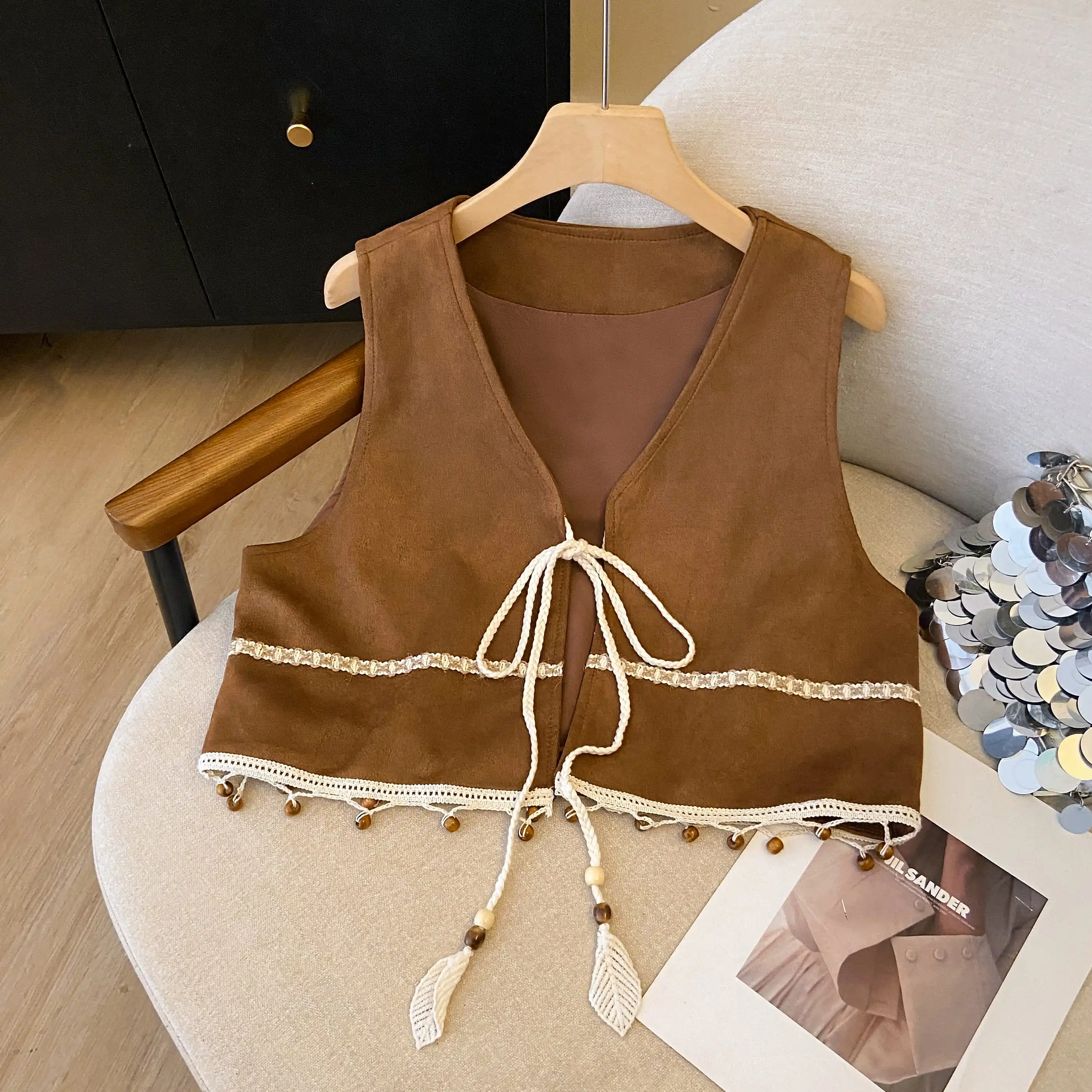 

n Sle ort Svel Vest Women's Faion Commute Wind Button-Down Beaded Waist Design Pure Color V-Ne Top