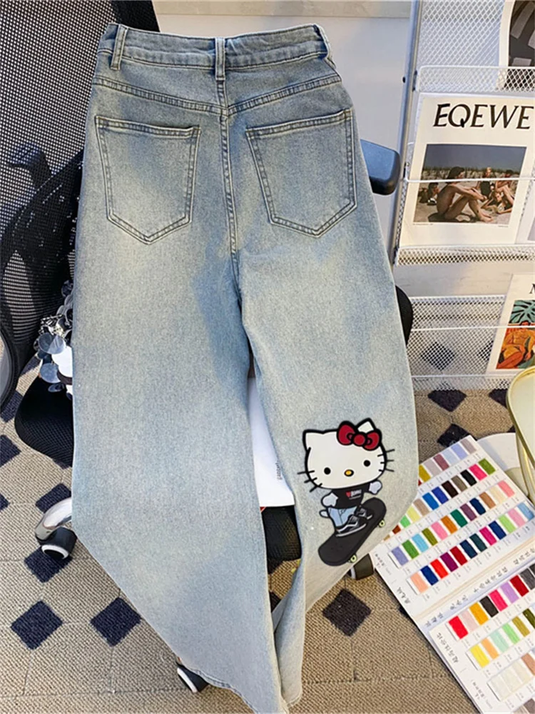 Plones Vaqueros Casus con Estampado de Anime Retro, Cintura Alta, Pierna Recta, Pierna Ancha, para Hombre y Mujer, Est...