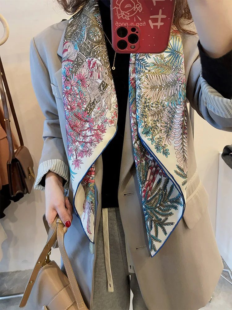 Jardin a Sintra Mulberry Silk Scarf Herm Roller Scarfs 90CM Square Bag Neck Scarves Head Hair Bag Bandannas Decoration 90CM