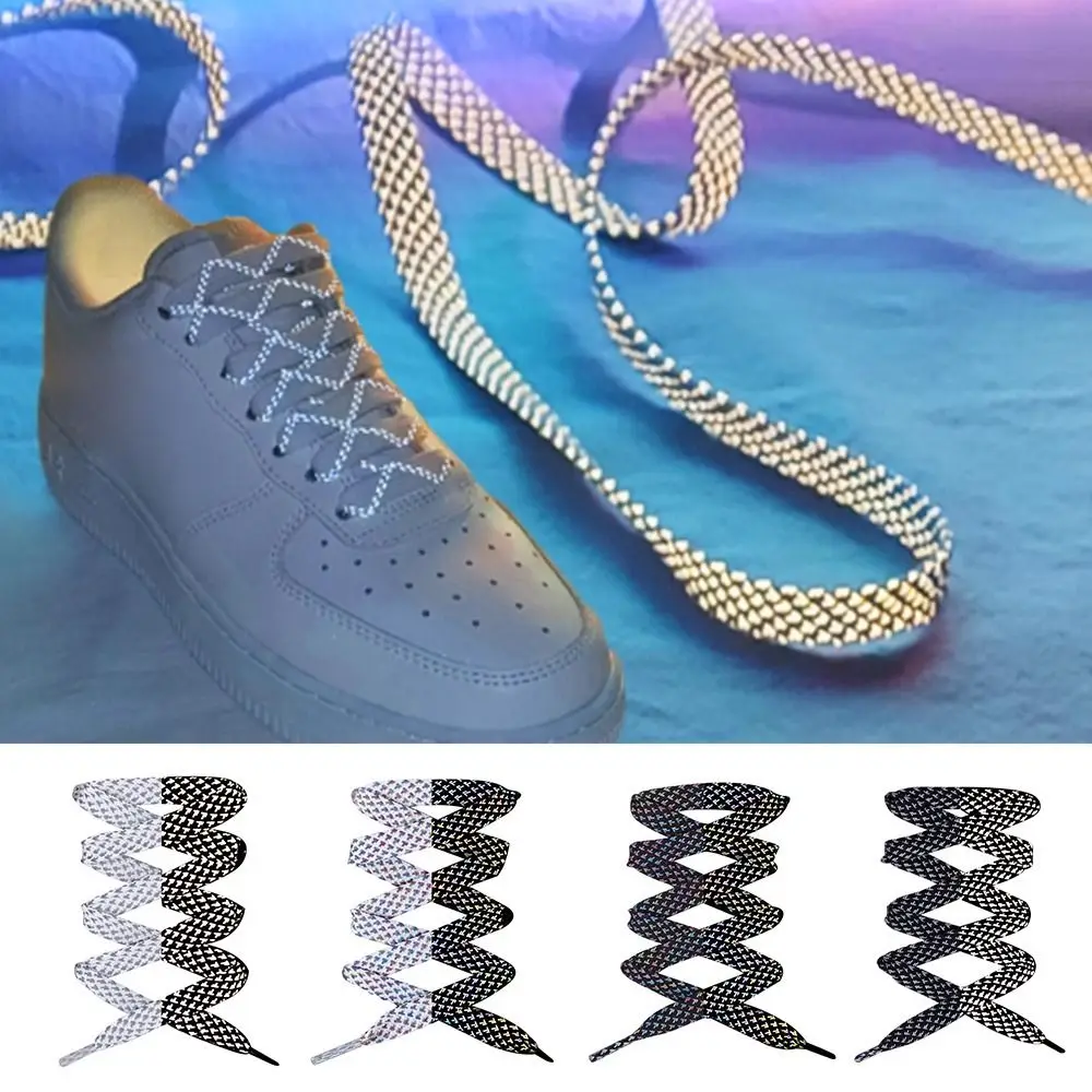 أربطة الحذاء العاكسة ذات الوجهين، تصميم مسطح، أربطة الحذاء المضيئة الداكنة، عاكسة ملونة، لون أسود وأبيض