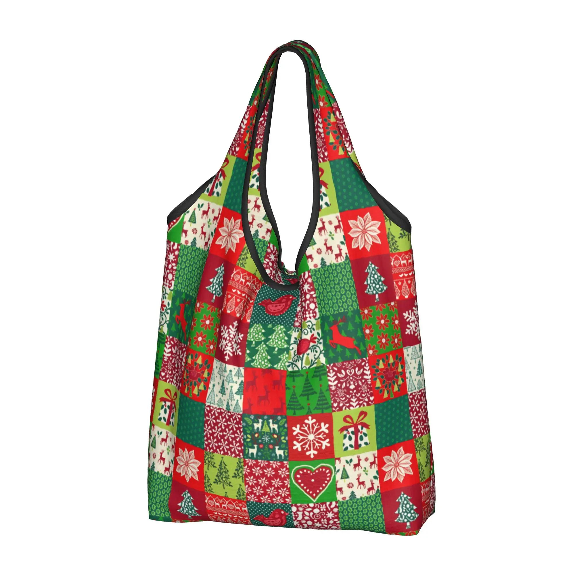 Reusable Patchwork Christmas  Shopping Bag Women Tote Bag Portable  Grocery Shopper Bags