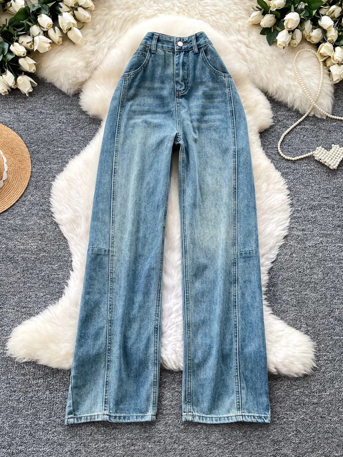 

American Retro High Waist Denim Simple Wide Leg Pants Women's Loose Slimming Hip Covering Casual Long Pants