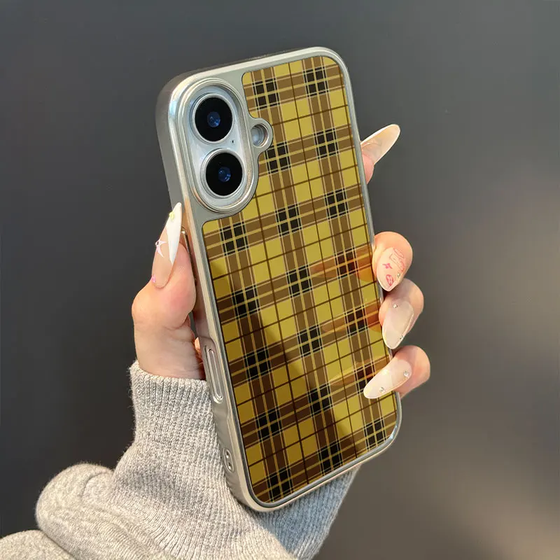Britischer Stil, braun-gelb kariert, silberner Rand, Epoxidharz-TPU, Anti-Drop-Handyhülle für iPhone XR/11/12/13/14/15/16/18 Pro Max