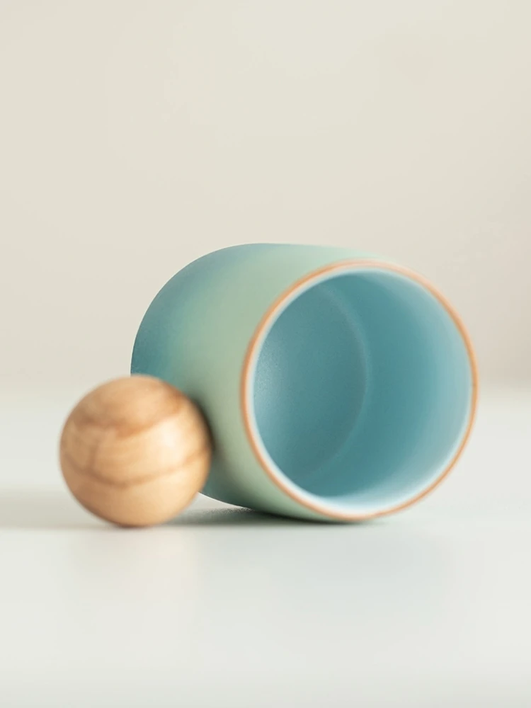 New Chinese Style Coarse Pottery Insulated Espresso Cup Wooden Ball Handle Professional Barista Used Black Coffee Mug Cafe Shot