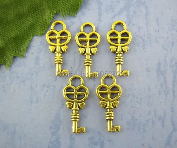 1500Pcs New Charms Pendants Breloque Clef Key Heart Hollow Antique Gold Tone 8x18mm