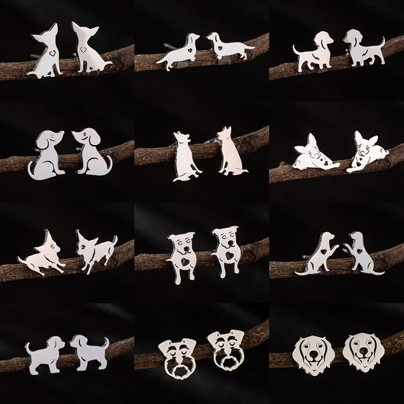 Fashion Mini Stainless Steel Animal Earring Cartoon Bulldog Corgi Sausage Dog Stud Earrings for Women Men Piercing Ear Jewelry