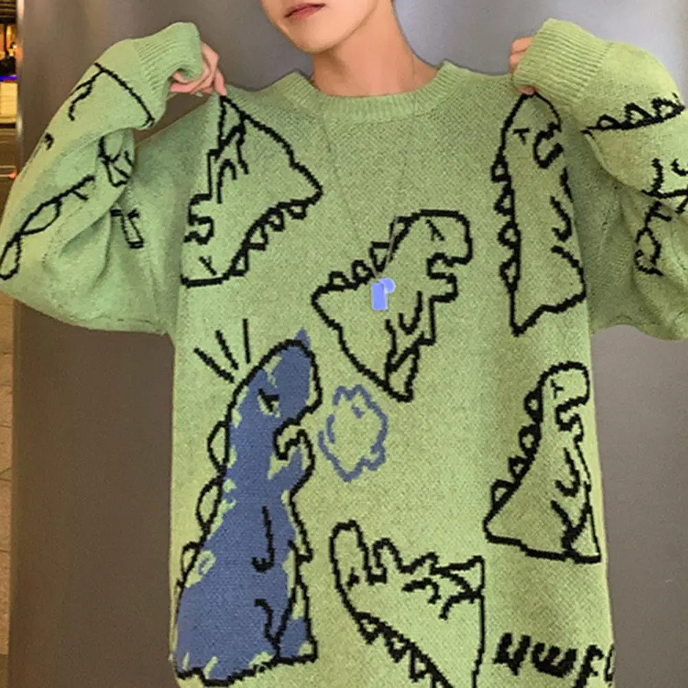 Sweter rajut pria pola dinosaurus imut Anti berlubang Sweater lengan panjang untuk rumah