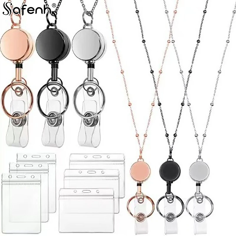 1PCS Plastic Retractable Badge Reel Lanyard ID Card Holders Chain Necklaces Keychain Clip For Women Men Employee Wholesale