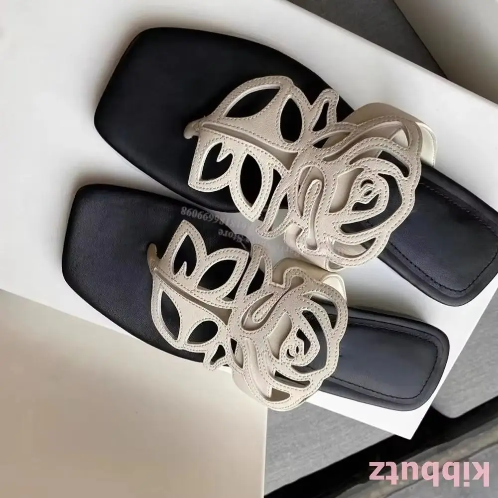 

Hollow Flowers Slipper Sandals Mixed Color Clip-Toe Flat With Genuine Leather Slip-On Elegant Sexy Party Dress Women Shoes New