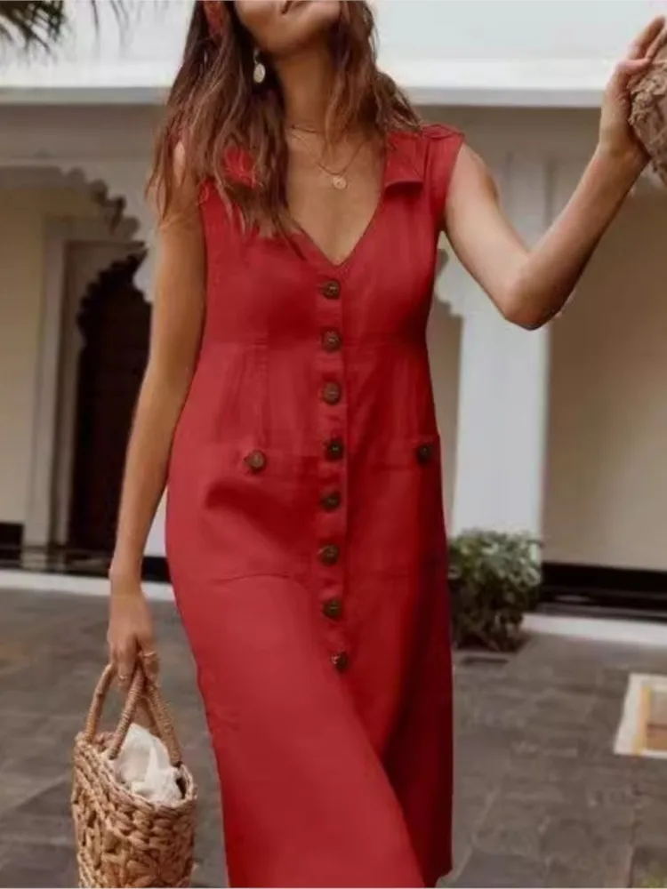 

Cotton And Linen V-neck Single-breasted Stud Buckle Dress Women's Simple Solid Color Fashion Pocket Design Commuting Dresses