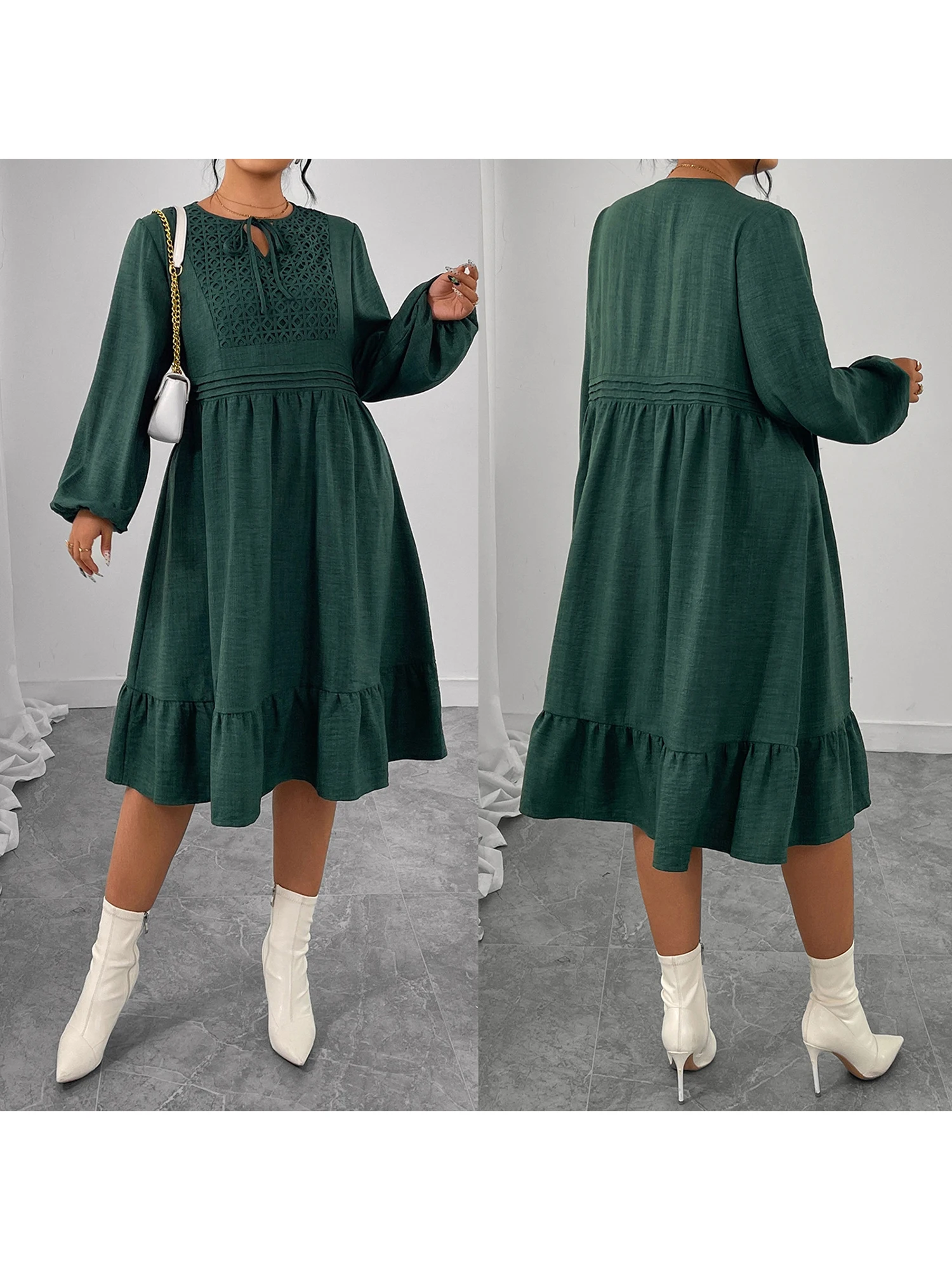 Damen Herbstkleid in Übergröße, Langarm, Rundhalsausschnitt, Hohe Taille, Midi-Kleid mit Bindeband