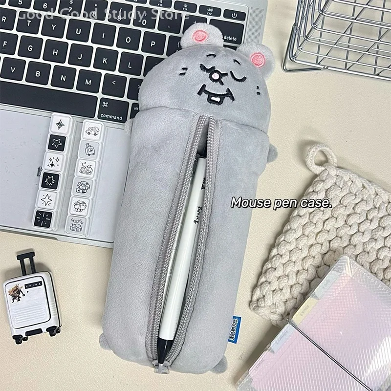 Astuccio per matite in peluche con topo sorridente dei cartoni animati Borsa per cancelleria per studenti carina Borsa di stoccaggio di grande capacità