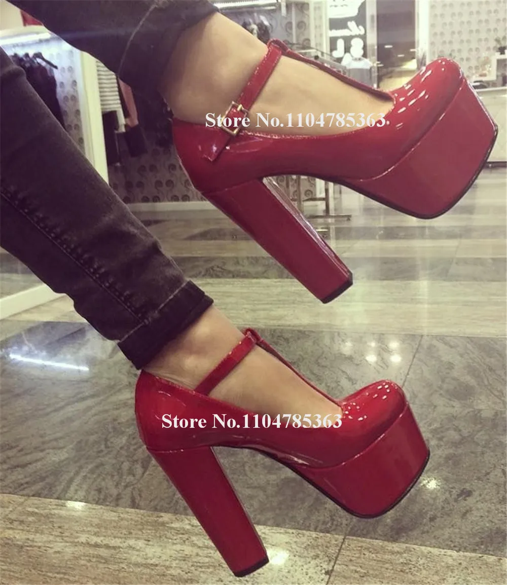 

Women Red Patent Leather T-strap Chunky Heel Pumps Round Toe High Platform Thick Heel Party Shoes Big Size 47 Heels