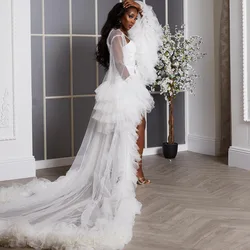 Sexy See Thru White Maternity Gowns Bridal Dress Robe Ruffled Tulle Puff Sleeves Long Tulle Dresses Women Baby Shower Dresses