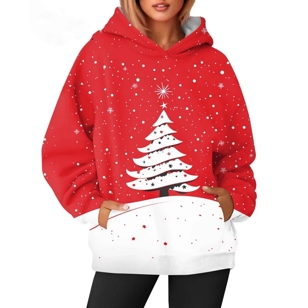

New Womens Christmas Print Oversized Sweatshirt Drawstring Pullover With Pocket Trendy Sweater Tops Fashion Clothes k pop