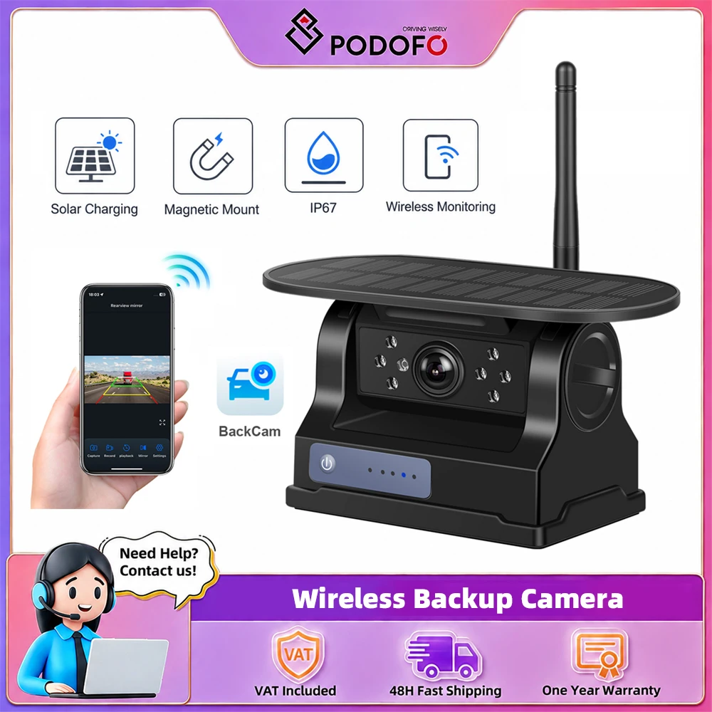 Podofo Auto-Kamera WLAN Kabellos Solar-Batterie 720P Infrarot-Nachtsicht Magnetische Kamera IP67 Wasserdicht für LKWs/Wohnmobile/Anhänger/Gabelstapler