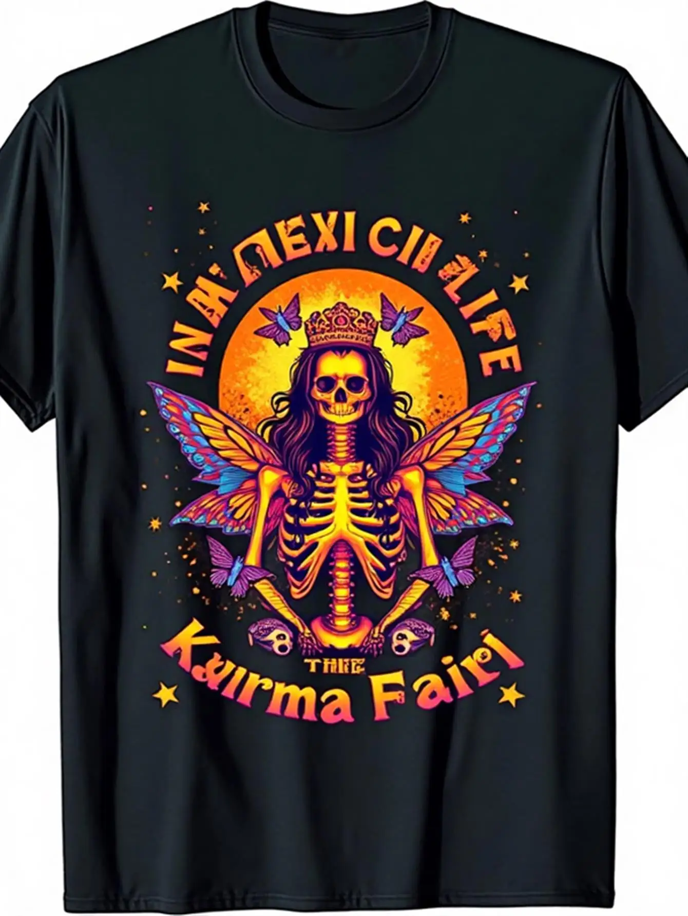 

T-Shirt with a Crown Skull and Butterfly Wings Design Paired with a Lacavaella Katrina Art Pattern, 100% Pure Cotton, Casual Round-Neck Short-Sleeve Top Suitable for Halloween and Day of the Dead Celebrations, Vibrant