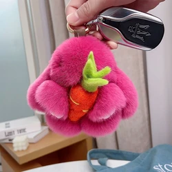 Cute Carrot Mini Bunny Keychain Women Real Fur Rabbit Key Ring Plush Dolls Toy Girls Bag Key Holder