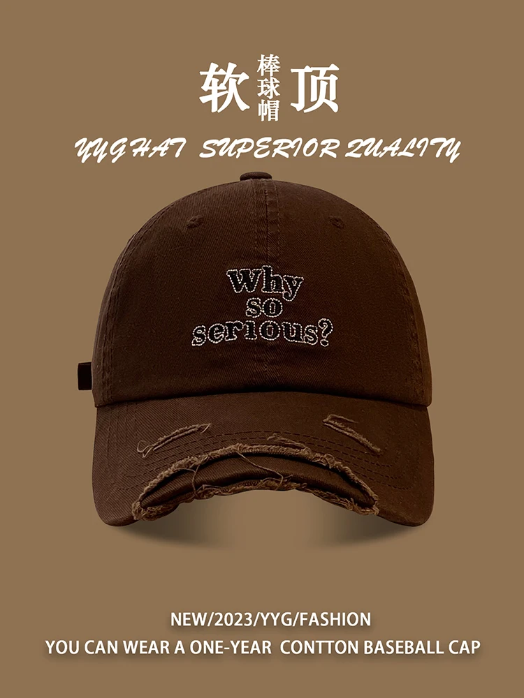 Top Ripped Letter-Printing Baseball Cap Female All-Matching Embroidered Washed Distressed Couple Sun-Proof Peaked Cap Fashion