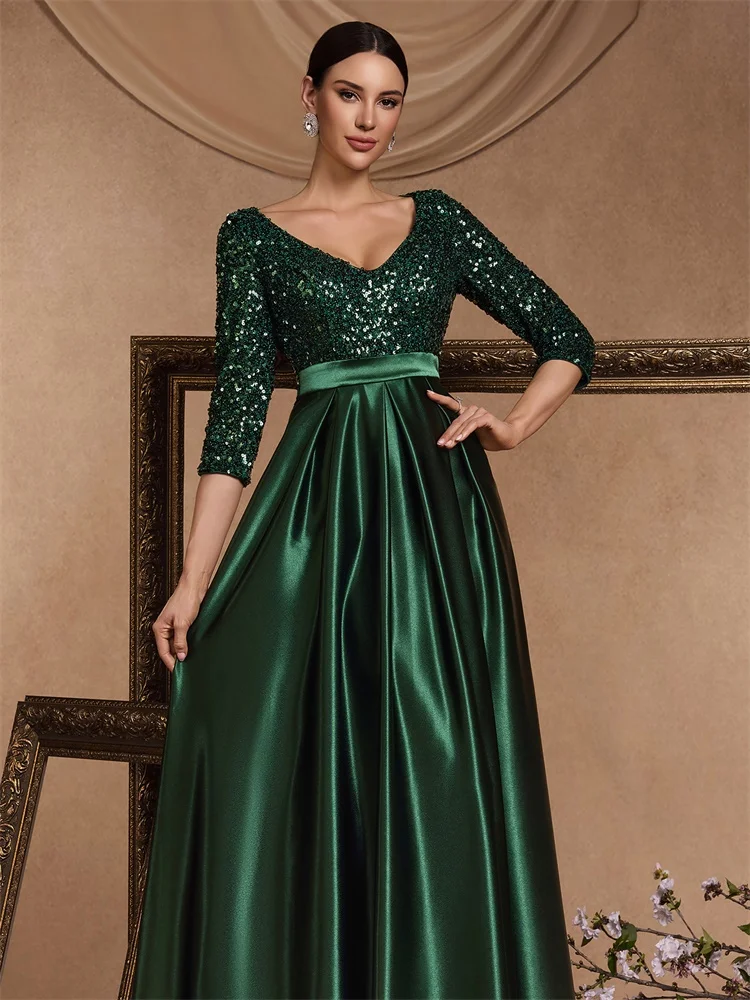 Lucyinlove-vestido de noche de manga corta con lentejuelas para mujer, elegante vestido verde de satén para fiesta de graduación, largo hasta el