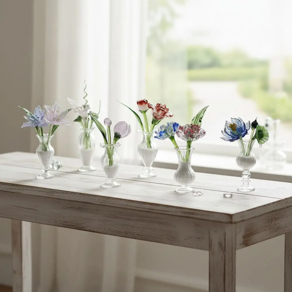 Mini Glass Flower Decor Handmade Simulation Floral Handcrafted Floral Sculpture Gift Colored Glaze Floral Decoration