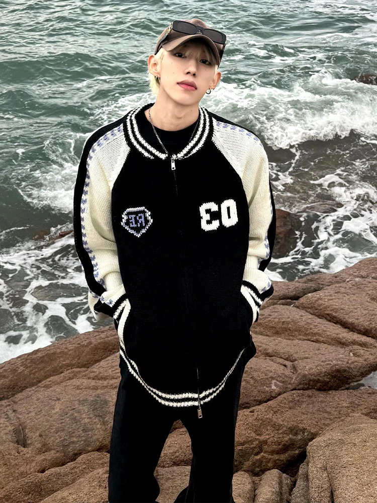 

American Retro Knitted Sweater Coat Men's Autumn Winter Lazy High-End Baseball Collar Zipper Jaet Trendy Long Sve Crew Ne