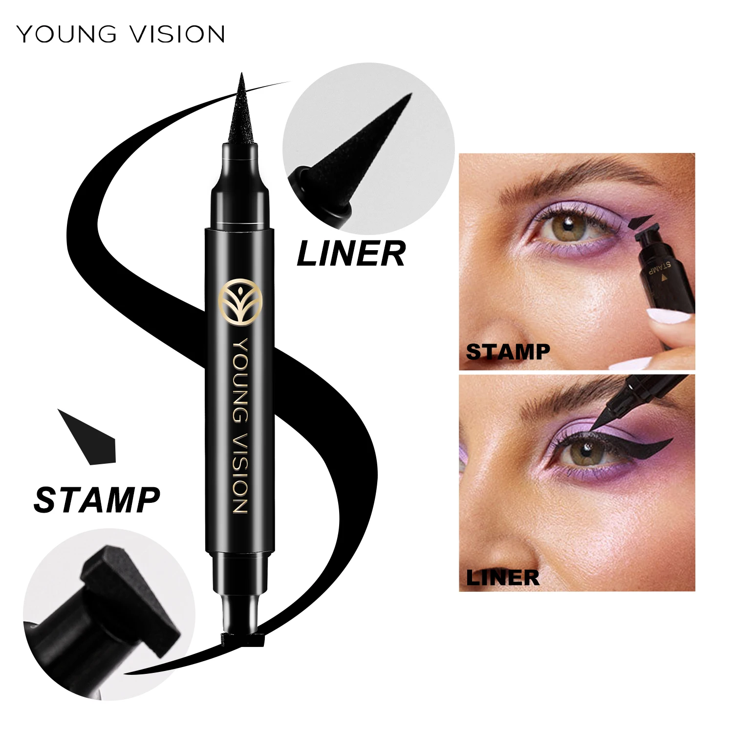 JOVEM VISION-Black Double Head Eyeliner Pen, impermeável, secagem rápida, durável, não desbotamento, Triângulo, Delineador Pen