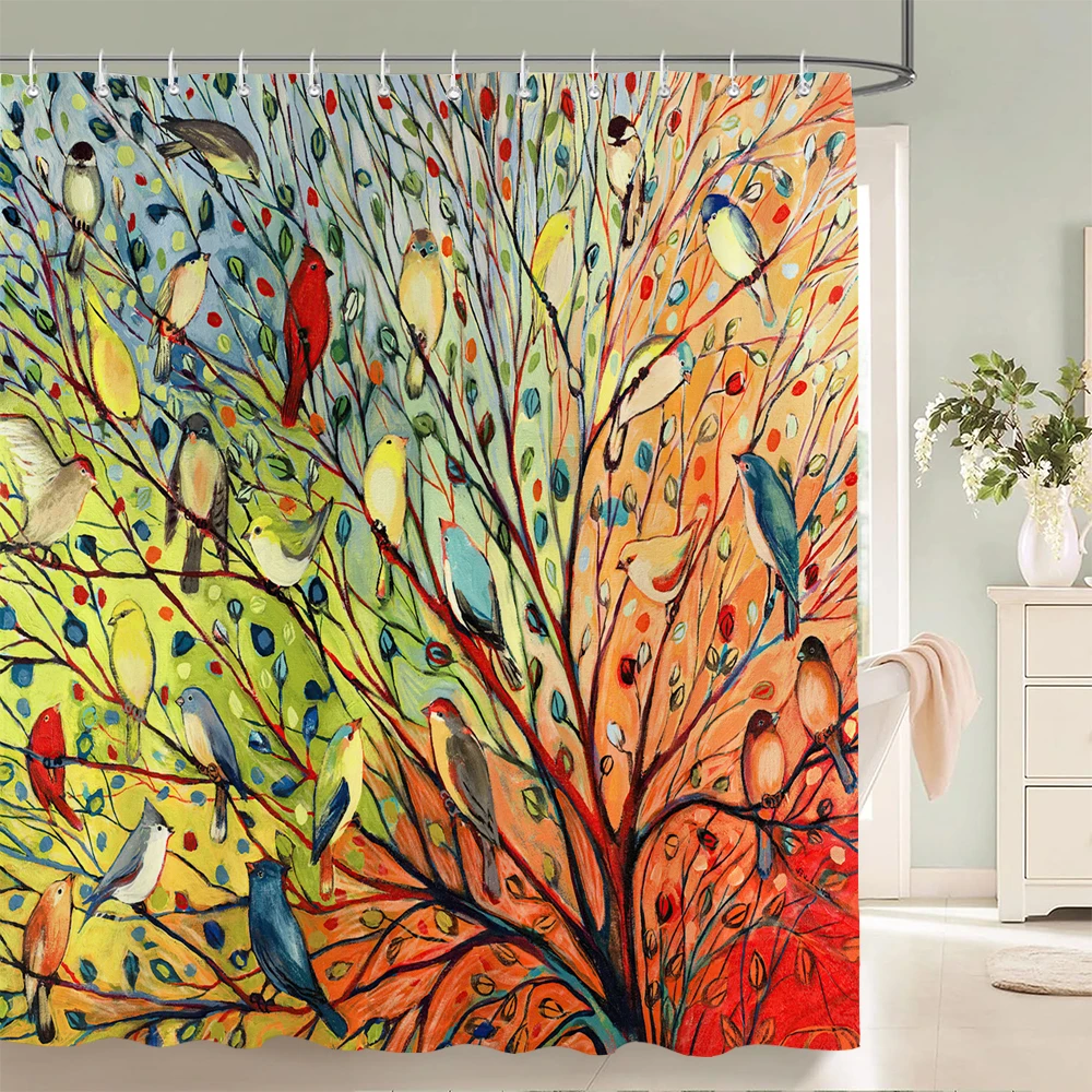 Chinese Style Flower and Birds Tree Shower Curtains Bath Curtain Waterproof Bathroom Decor With Hooks 3d Printing Bath Curtain