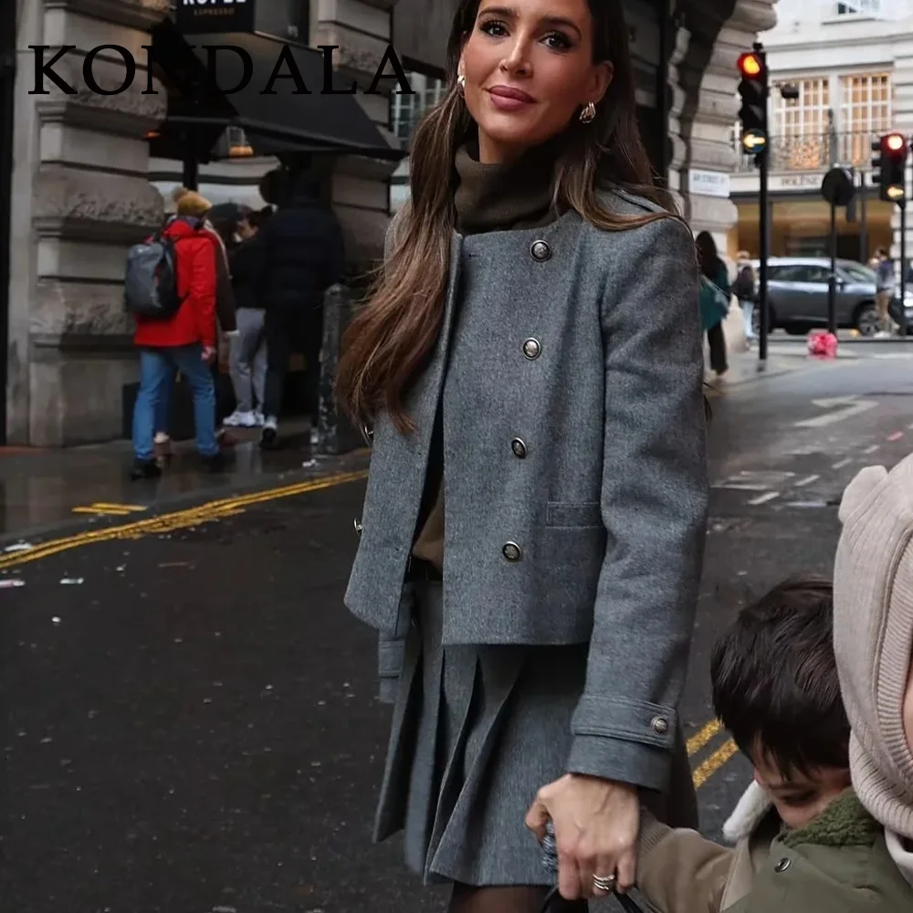 KONDALA 2025 Fall Winter Streetwear Women Suit Fashion Double Breasted Epaulet O Neck Jackets Chic Sashes Pleat Girl Mini Skirt