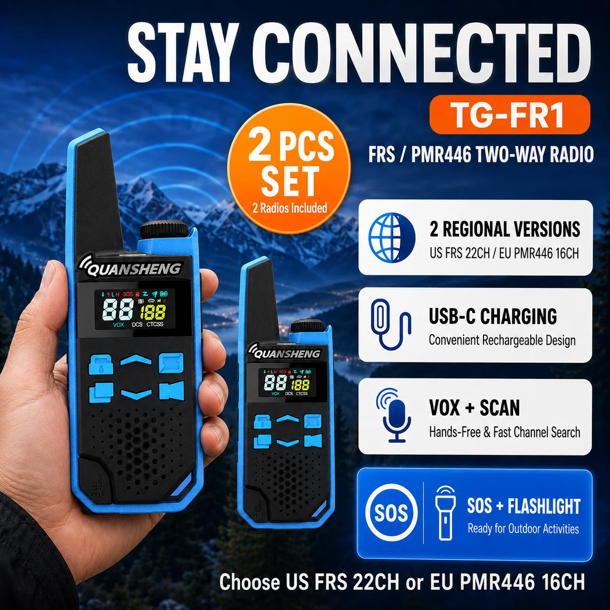 tg-fr1-frs無線機-22チャンネル、usb-c充電式双方向無線機（noaa、vox、sos懐中電灯付き）、13インチ画面