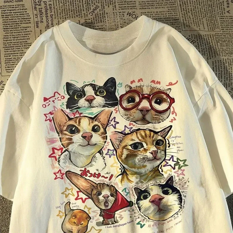 Camiseta de Verano para Hombre y Mujer, Gráfica de Gatos Caricatura, Overzised, Rap, Streetwear, Vintage, Decoración de Estrellas, Animales 2