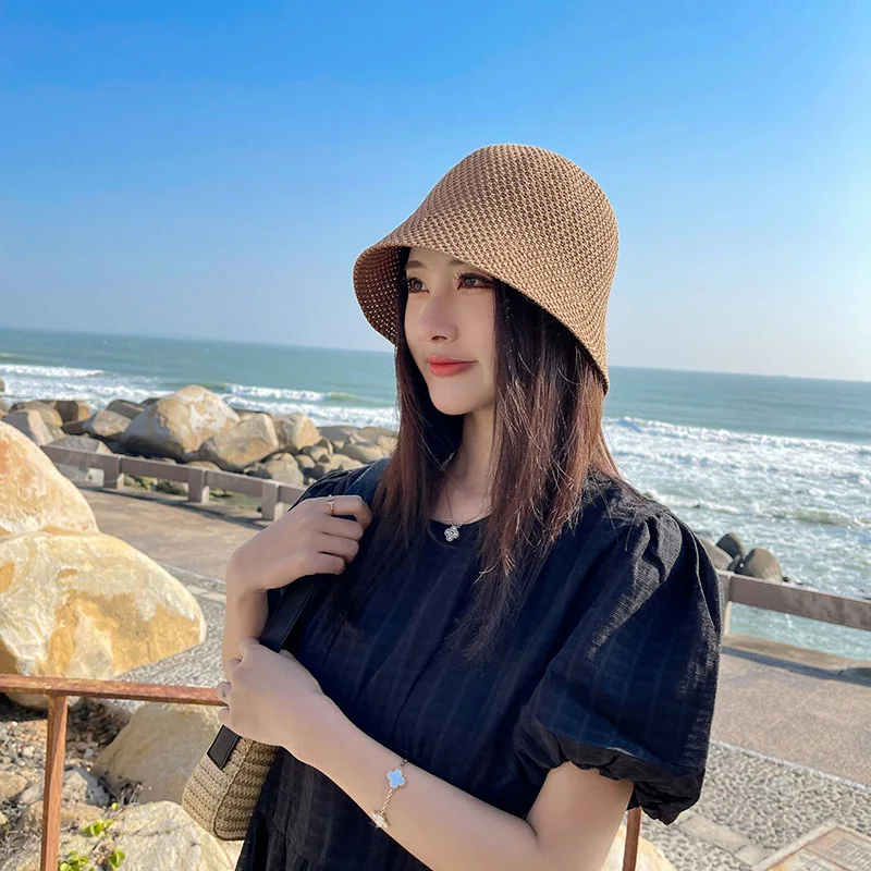 Solid Color Braid Bucket Hat For Women Summer Hollow Out Breathable Beach Hats Knit Dome Fisherman Caps Lady Sunshade Panama Cap