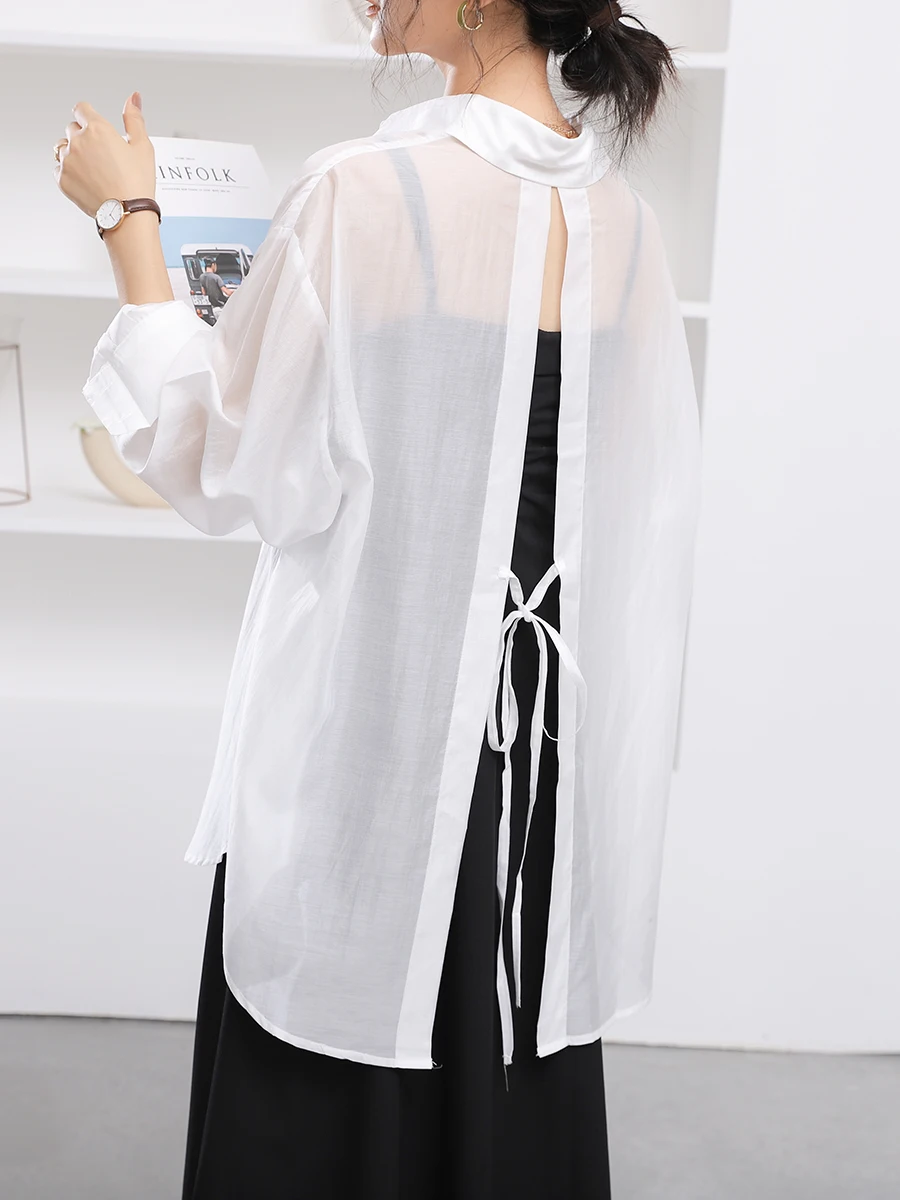 

Summer 2025 Women's Sexy Bal Long Sve irt Sun Protection Knot Design Straight Cut Button up Pure Color Faionable